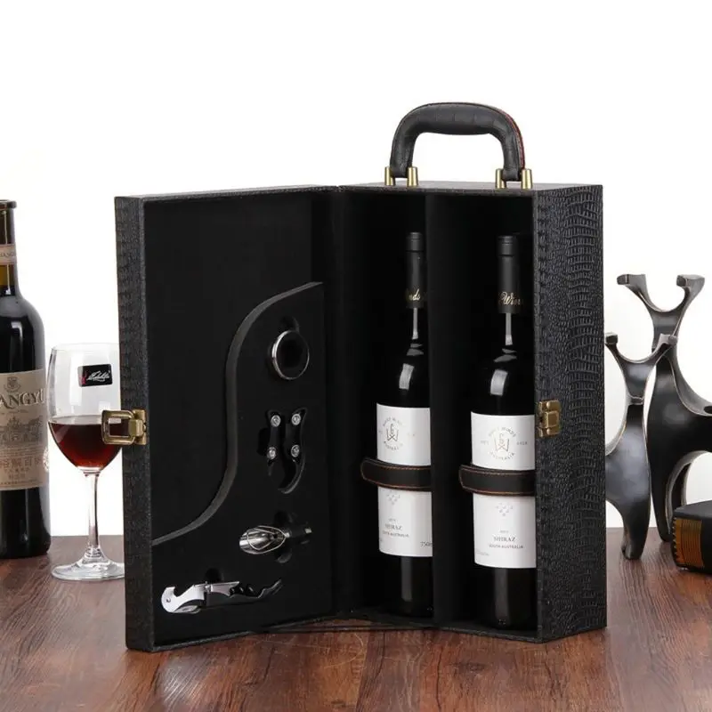

Wine Bottle Box Leather Luxury Bag 2 Red Wine Champagne Tote Carrier Handle Travel Case Organizer Gift