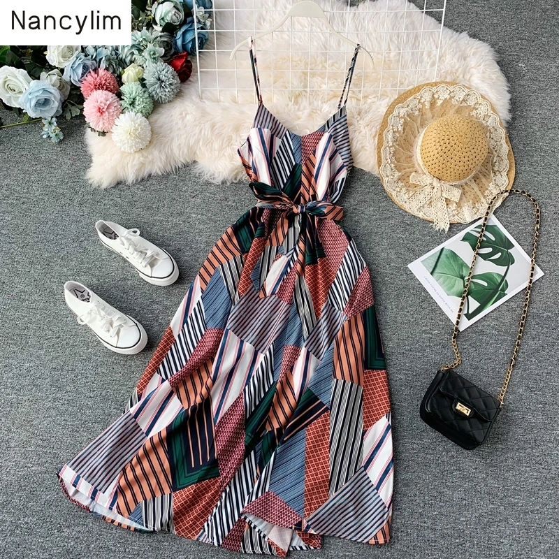 

Long Seaside Beach Dress Women 2019 Summer Bohemia Chiffon Suspended Dress Girls Ladies Sling Maxi Dresses Nancylim Feminina