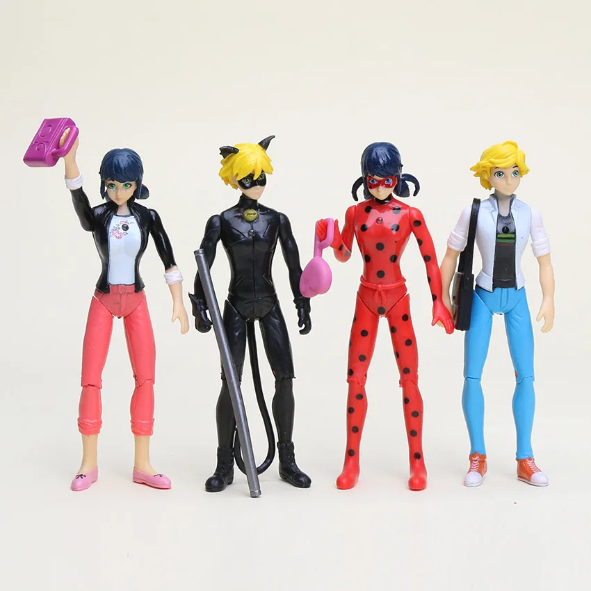 

4pcs/set LED light Ladybug Cat Noir Adrien Marinette PVC Action Figure Toys For Kids Gift 15cm