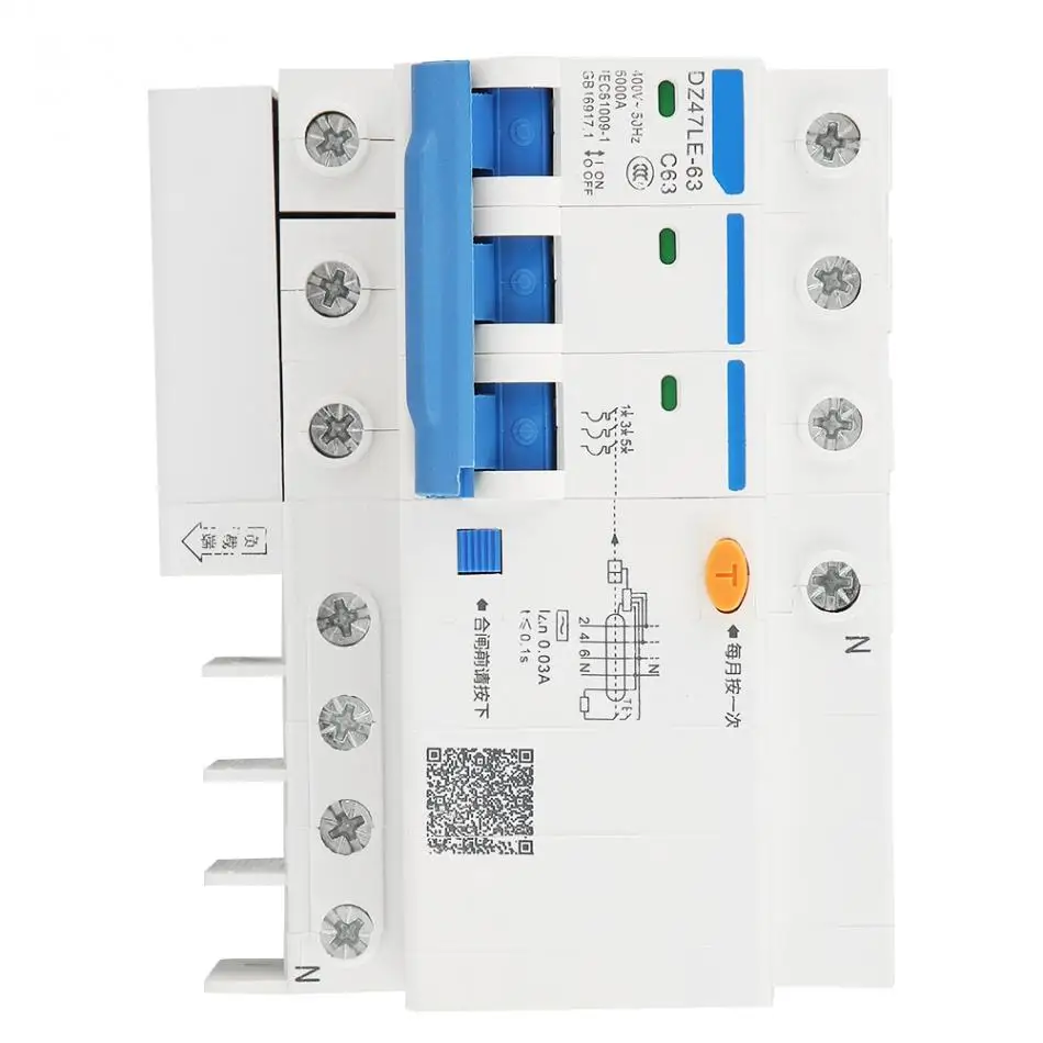 DZ47LE-63 3P+ N C63 RCCB Выключатель остаточного тока 230 В 63A 30 мА перегрузки и короткого замыкания Горячая