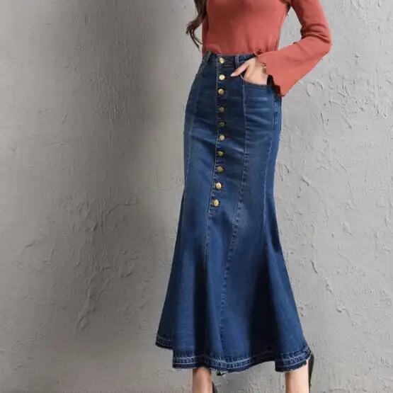 Plus Size Flare Denim Long Skirts Button Up 4Xl 6Xl 7Xl Women Oversized