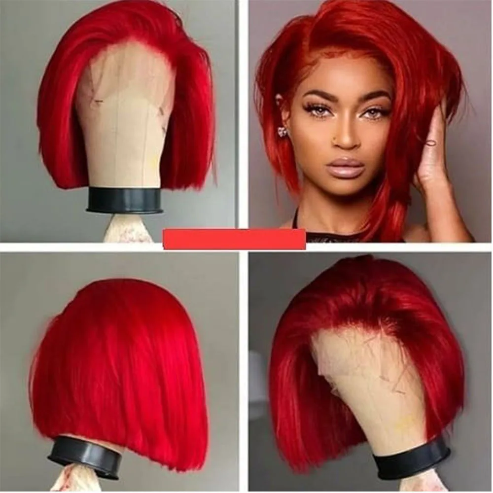 

SimBeauty Short Bob Red Straight Lace Front Human Hair Wig Preplucked Hairline Peruvian Remy burgundy wig With Baby Hair