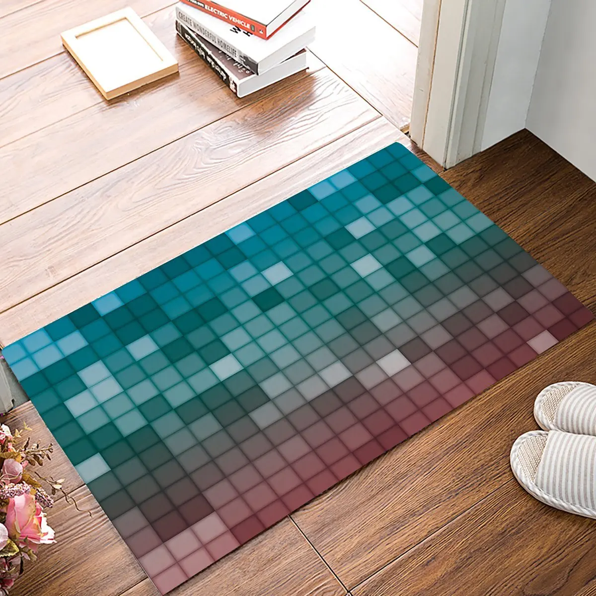 Buy Gradient Green Red Square Check Door Mats Kitchen