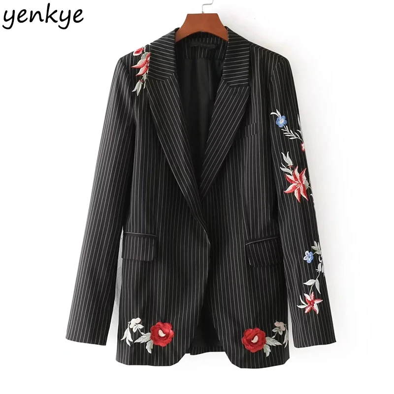 2018 New Striped Women blazers Long Sleeve Notched Collar Vintage