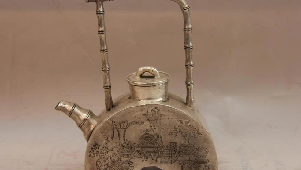 

China White Copper Silver Bamboo Fish Kettle bottle Teapot Flagon Wine Pot