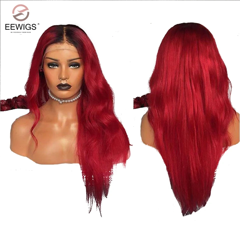 

EEWIGS Ombre Red Wig Glueless Lace Front Wigs Long Wavy 180% Density Middle Part Heat Resistant Synthetic Wigs For Black Women