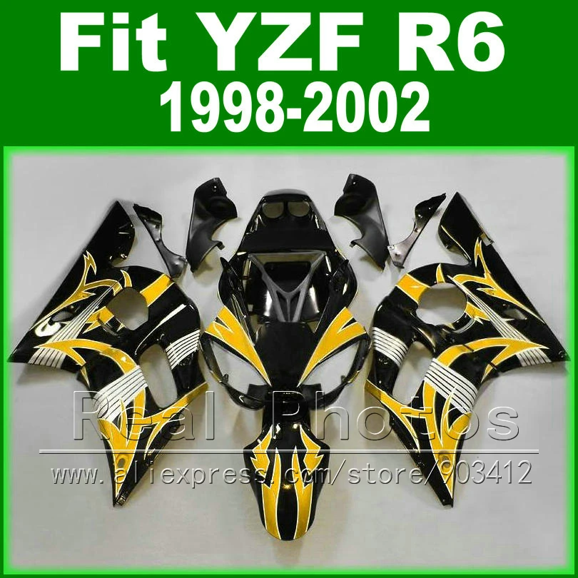 Hot sales  body kits for YAMAHA R6 fairing 1998 1999 2000 2001 2002 yellow and black  Fit  YZF R6 fairings 1998-2002