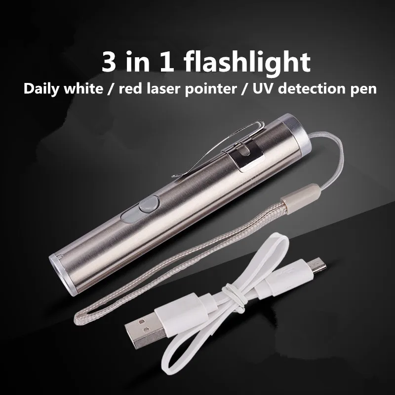 

LED 3 in 1 White Mini USB Rechargeable Flashlight Home Outdoor Lighting Violet Fluorescent Test Pen Laser Pointer