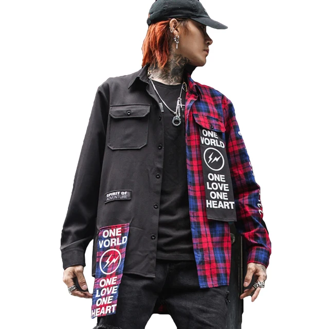 Plaid Swag Men Shirt Black Red Streetwear Color block Patchwork Hip Hop