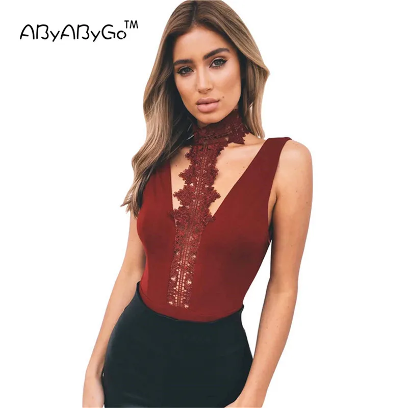 ABYABYGO Summer Sexy Womens Bodysuits Lace Sleeveless O Neck Backless