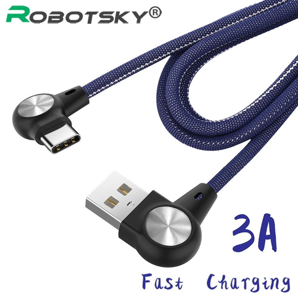 

90 degrees 3A USB Cable Fast Charging For Samsung S9 S8 Xiaomi Huawei Mate 10 Pro Honor 10 L-Line USB C Type C Micro USB Cable