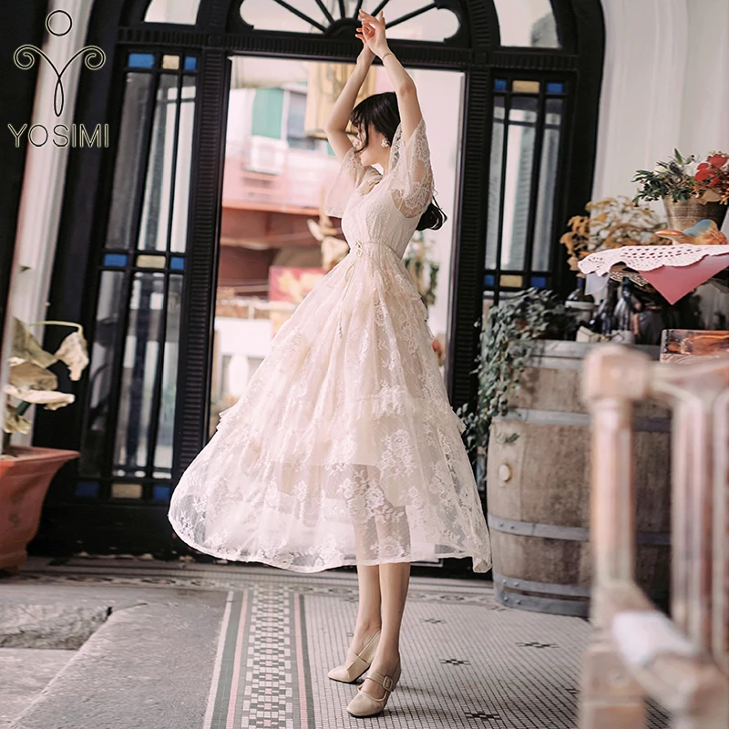 YOSIMI 2019 Summer Maxi Lace Long Women Dress Beige O-neck Short Sleeve Evening Party Dresses Fairy Ankle-length Two Pieces Sets