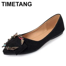 TIMETANGCasual ткани на шнуровке острый носок новые Slip-On TPR Женская мода PU мелкой украшения из металла мокасины на плоской подошве кристалл конопли