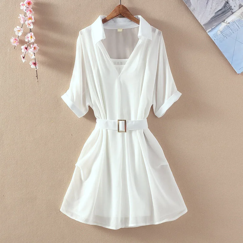 

2019 summer v-neck chiffon women blouse false 2 pieces solid slim office lady elegant white shirts with belt top quality
