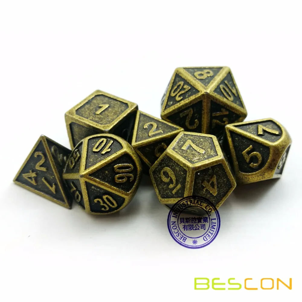 Bescon стиль древний латунный твердый металлический многогранный D& D игральные кости Набор из 7 латунных металлических ролевых игр игральные кости 7 шт. набор D4-D20