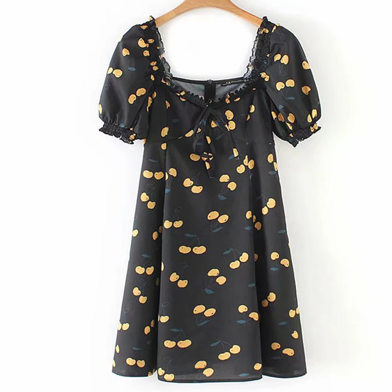 Women's Clothing Dress 2019 Polyester Cherry Print Off Shoulder V-Neck Dress Ms Summer Street Slim Fit Temperament Clothing