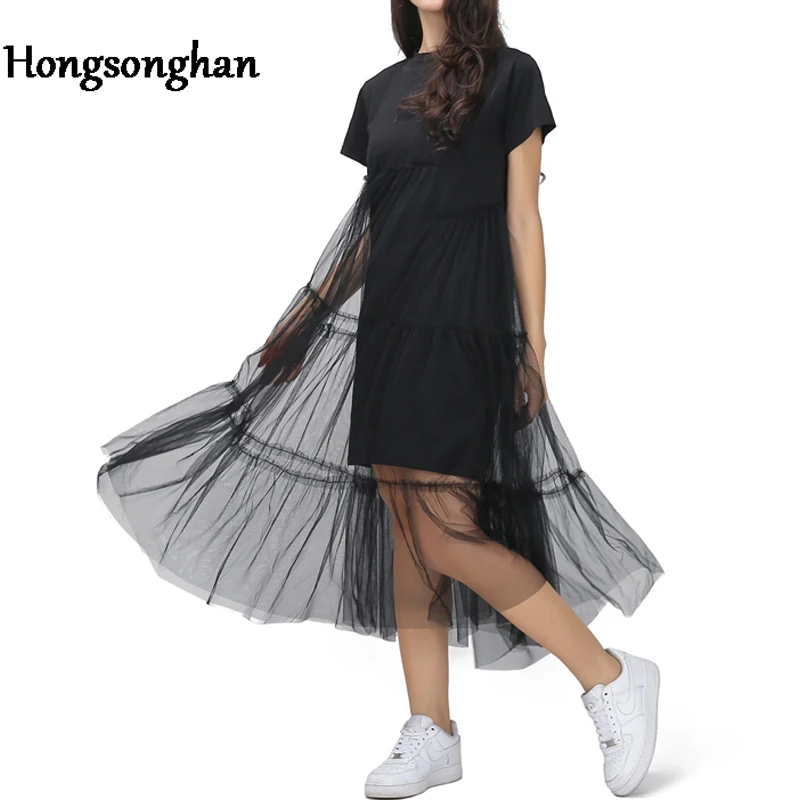 

Hongsonghan 2018 New Fashion Korean Splicing Pleated Tulle T shirt Dress Women Big Size Black Gray Color Clothes Vestidos