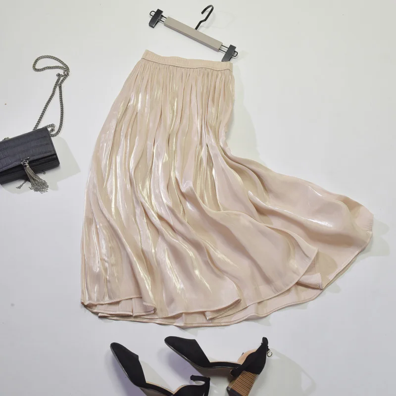 Женская летняя белая длинная юбка, модный бренд, высокое качество, женские плиссированные юбки, высокая талия, женские розовые юбки, Faldas Saias Jupe - Цвет: Бежевый