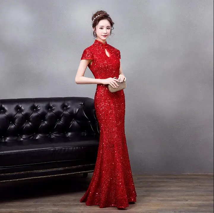 Красные Длинные свадебные платья Qipao с блестками и русалочкой Свадебный чонсам