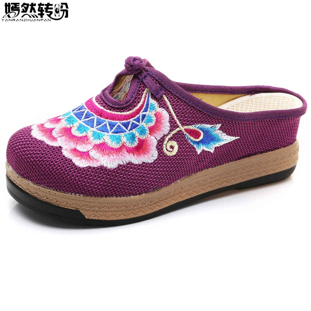 

Women Slippers Linen Cotton Close Toe Mules Shoes Flower Embroidered Bohemian Summer Slippers Ladies Platform Shoes Woman
