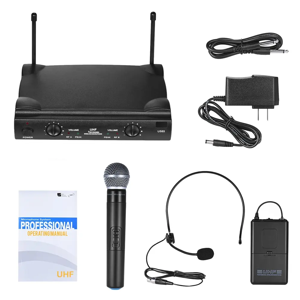 

UHF Dual Channels Wireless Microphone Mic System with 1 Bodypack Transmitter 1 Headset and 1 Handheld Microphones Receiver