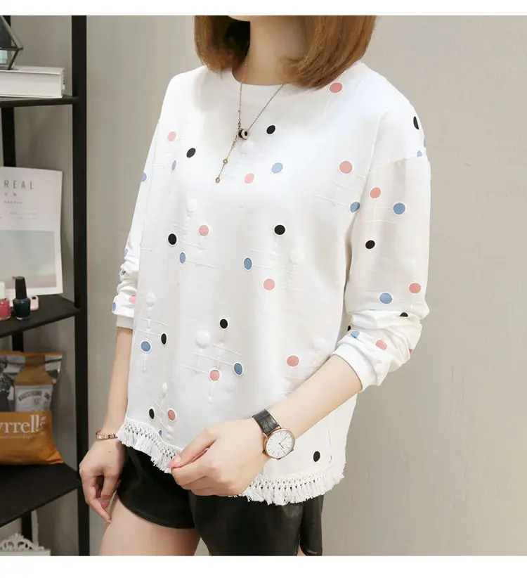 2019 Autumn Women Tops Tees Fashion Print Tshirt Femme T-shirt Ladies Long Sleeve Cotton T-shirts Bottom Tassel Poleras Mujer (15)