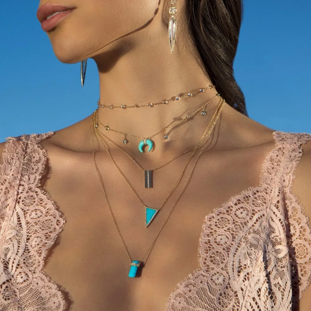 New Arrival Rose Gold Silver Color Blue Turquoises Howlite Blue Stone Crescent moon Horn trendy Necklace For Woman Boho Jewelry