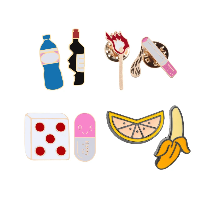 

Fashion Jewelry Couple Brooches Cigarette Fall In Love With Matches Dice Medicine Pill Wine Bottle Water Lemon Banana Enamel Pin