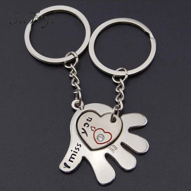 

SUTEYI 1 Pair Silver Color Lovers Love Key Chain Cute Hand Red Pendant Couple Keychain I MISS YOU Valentine's Day Memorial gift