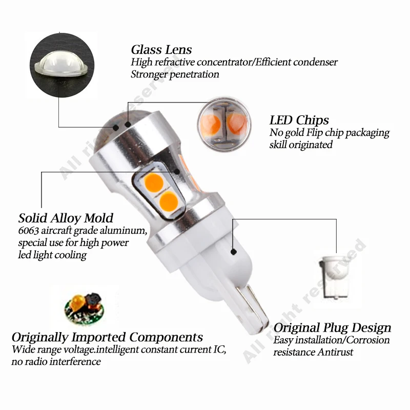 T10 Canbus OBC лампы без ошибок внутренний излучатель светодиодный 194 W5W Автомобильные лампы внешний 10-SMD 3030 12 в янтарный авто огни желтый D030