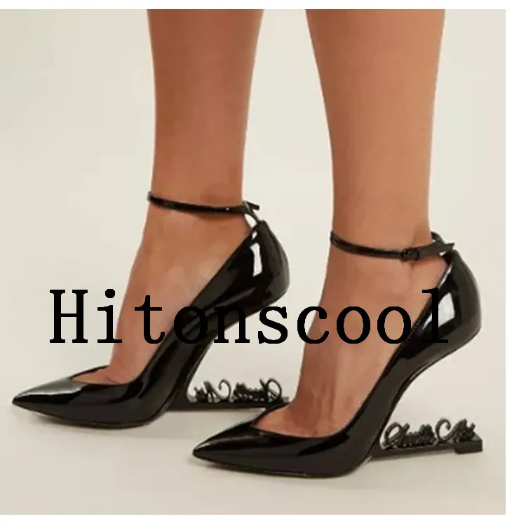 

Black Patent Leather Women Pumps Sexy Strange High Heels Stiletto Shoes For Women Ankle Strap Runway Party Stiletto Heels 2018