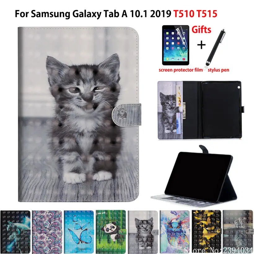 

Case For Samsung Galaxy Tab A 10.1 2019 T510 T515 SM-T510 SM-T515 Cover Funda 3D Cartoon Animal painted Flip Stand Shell +Gift