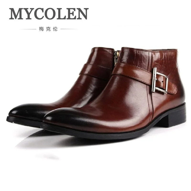 MYCOLEN Autunm Winter New Mens Genuine Leather Boots Fashion Buckle Pointed Toe High Top Businsess Dress Shoes Men Ankle Boots цена MYCOLEN Autunm Winter New Mens Genuine Leather Boots Fashion Buckle Pointed Toe High Top Businsess Dress Shoes Men Ankle Boots цены онлайн