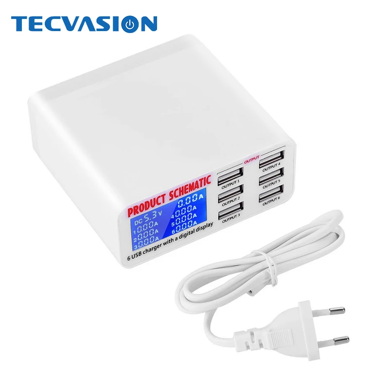

6 Port Smart USB Mobile Phone Charger HUB LCD Display Wall Power Adapter Socket Station Charging for Samsung Xiaomi Phone Tablet