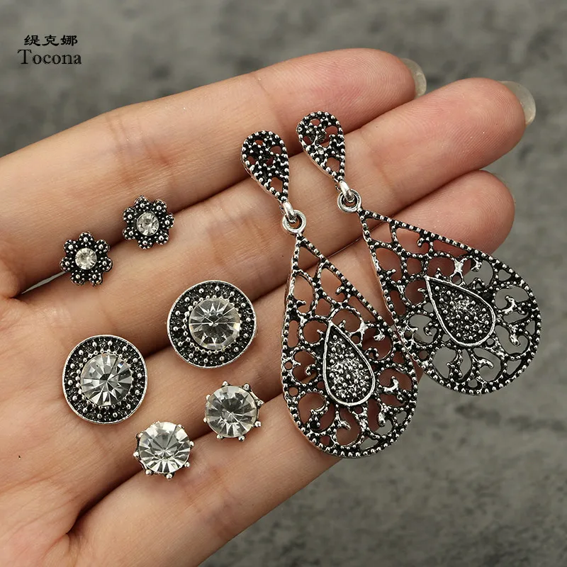 Tocona 4 пар/уп. винтажные полые цветочные стразы серьги-гвоздики наборы для женщин серьги из серебряного сплава Brincos Ювелирные изделия 4991