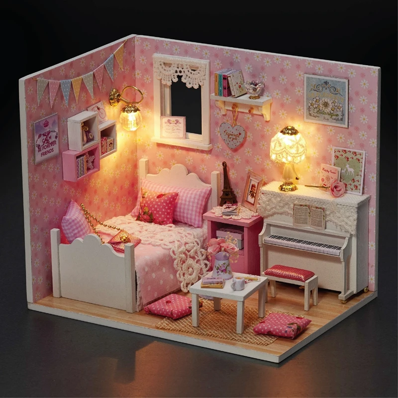 Pink Wooden DIY Doll Houses Miniature Girl's Bedroom with Lights Model