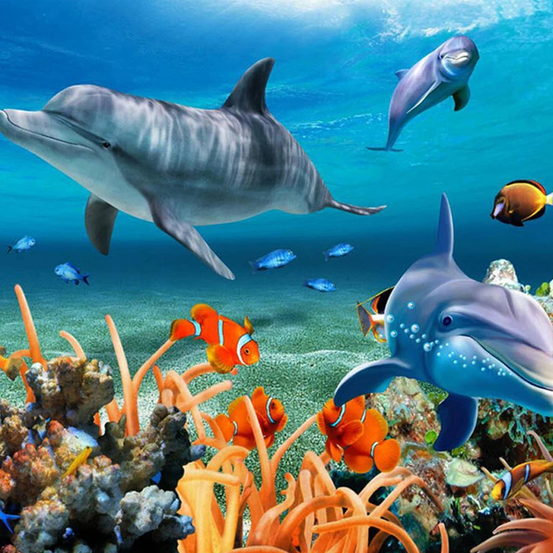 Пользовательские настенные росписи Обои 3D Ocean дельфин рыба коралловый Гостиная