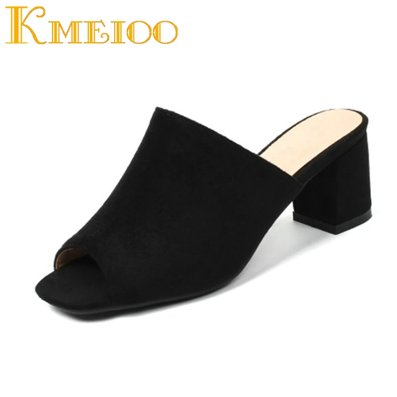 

Kmeioo 2018 Fashion Women Peep Toe Ladie Mules Block Heel Sandals Casual Slip On Summer Ladies Shoes Plus Size 35-46