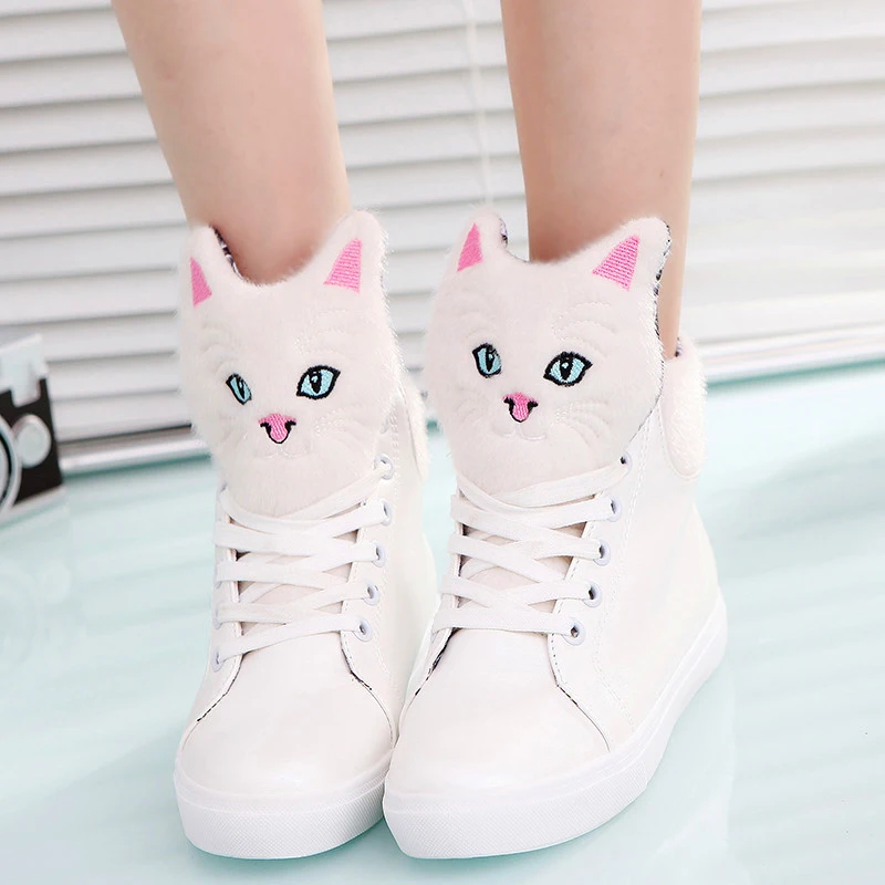 Women Boots 2018 Winter Shoes Women Lace-Up Women Boots Cartoon Cat Pu Leather Shoes Women Round Toe Waterproof Platform Boots