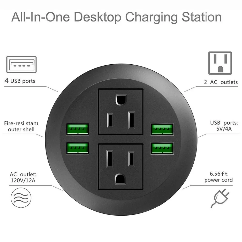 Настольная Втулка с USB, скрытая розетка питания. Настольная розетка с отверстием, легкий доступ к 2 источнику питания вместе с 4 USB Powe