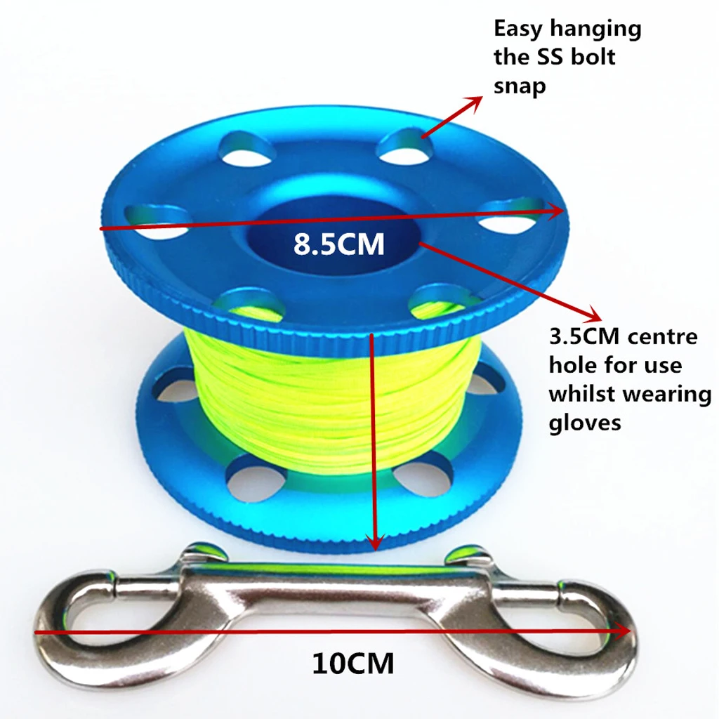 Scuba Diving Aluminium Finger Spool Reel 20/30/50M Line with Double Stainless Steel Ended Bolt Snap Bolt Clip 3 Color Options
