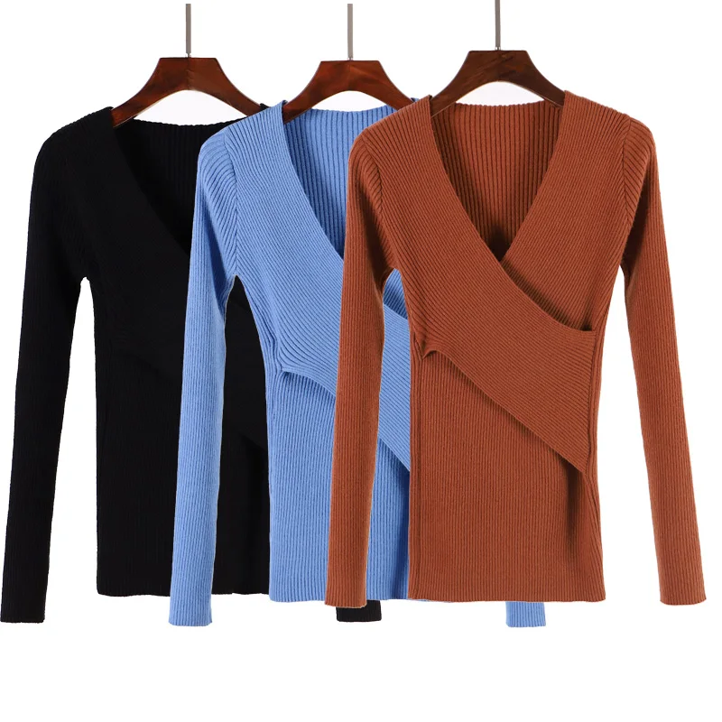 BYGOUBY Sexy V Neck Wrap Women Pullover Sweaters Autumn Winter Long Sleeve Soft Casual Jumper Ribbed Knitted Pull Top Femme | Женская