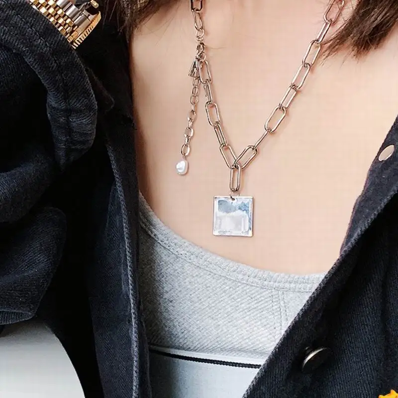

Fashion Thick Chain Necklace Punk Statement Square Pendant Necklaces For Women
