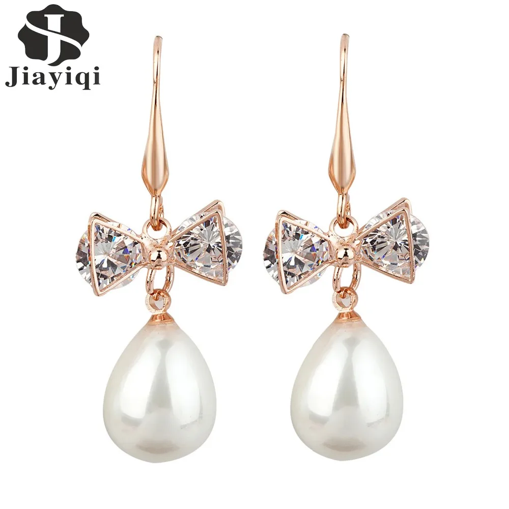 

Jiayiqi 2017 Dangle Bow Rose Gold color Rhinestone Pearl Drop Earrings Fashion Jewelry Long Crystal Earrings For Women Christmas
