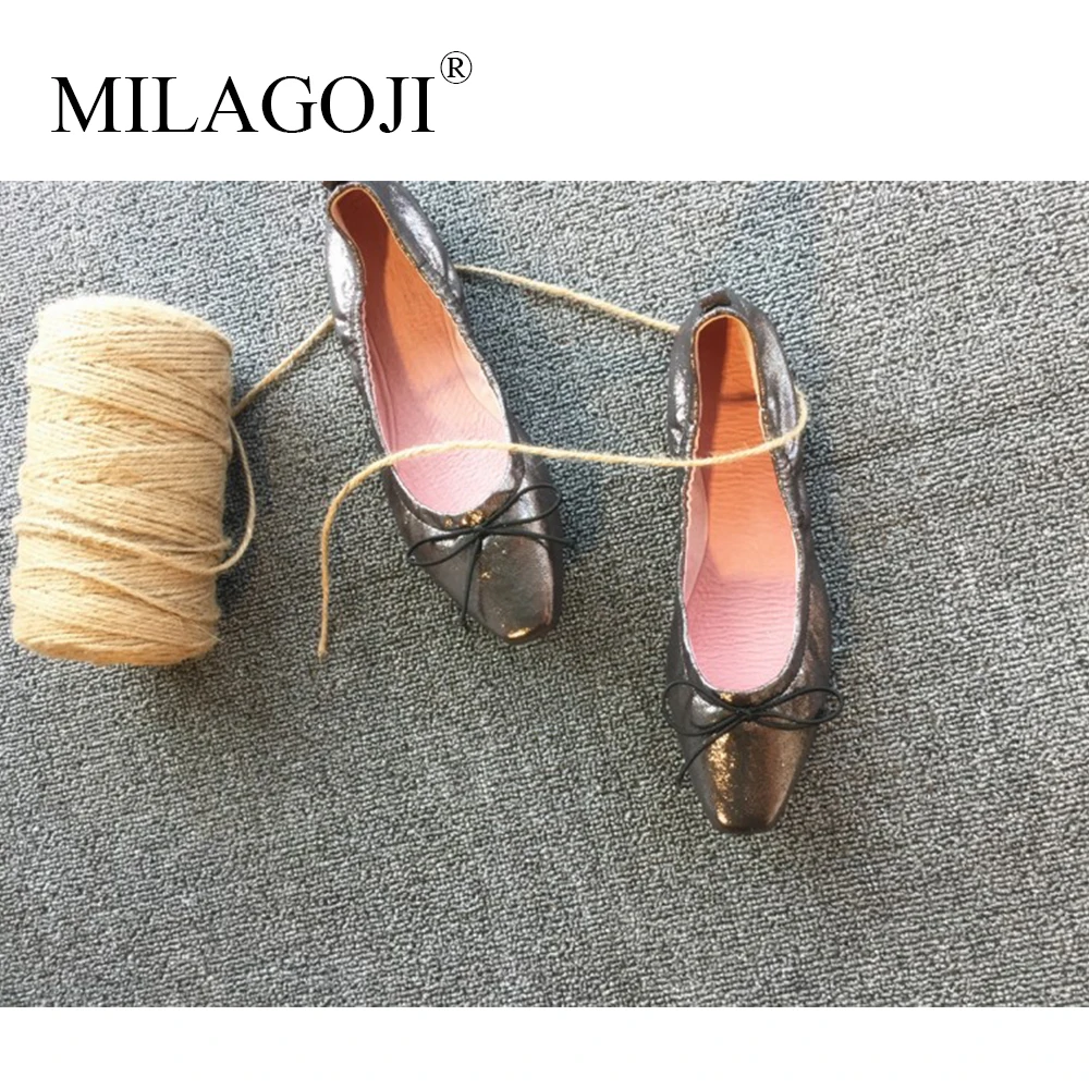 MILAGOJI микрофибры Черный Золотые балетки Закрытая обувь Новые квадратный носок на