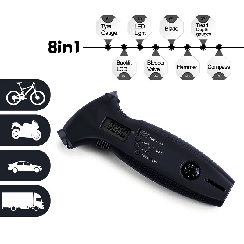 

DJSona 8 in 1 Car Backlit Digital Tire Pressure Gauge Tread Tire Depth Measurement Hammer Seatbelt Cutter Tools Hot Sale