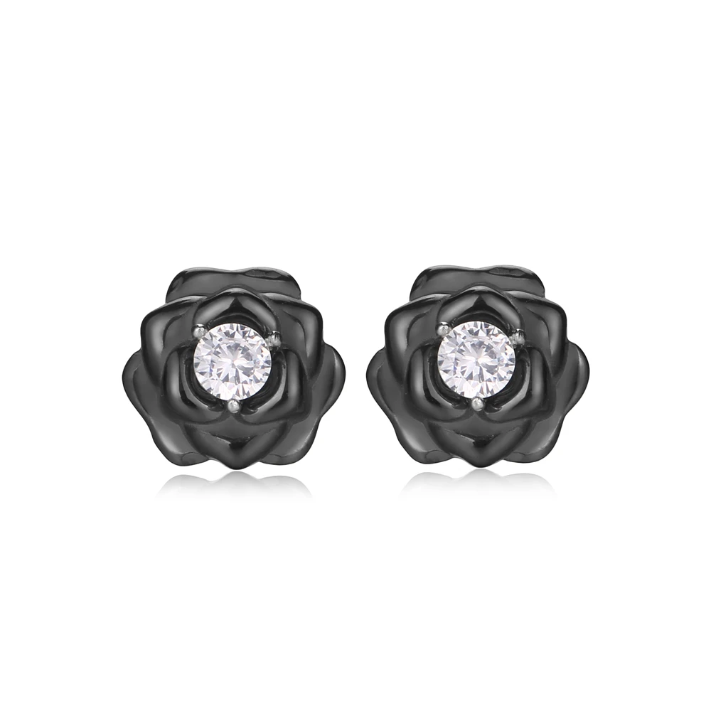 

Black&White Ceramic Earrings Ceramic Rose Flower Crystal Zircon Gem Bud Earrings For Women Minimalism Fashion Rose Stud Earrings