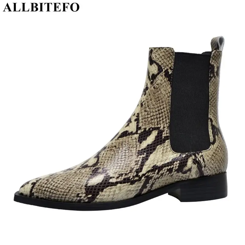 

ALLBITEFO snake skin genuine leather thick heel ankle boots for women winter snow party women boots martin boots girls shoes