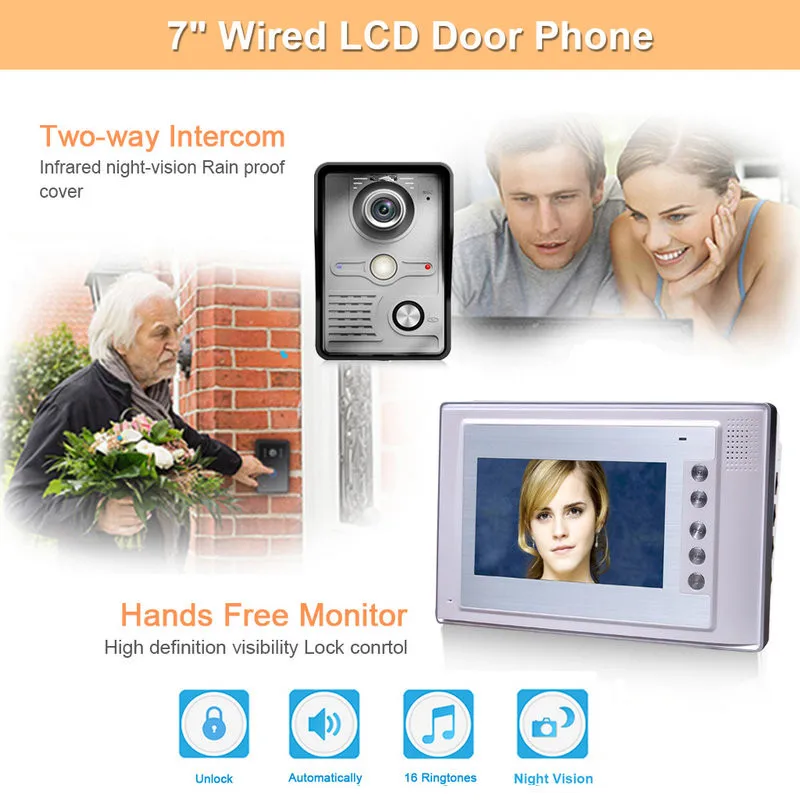 

Visual Intercom Doorbell 7'' TFT LCD Wired Video Door Phone System Electric lock-control Indoor Monitor 700TVL Outdoor IR Camera