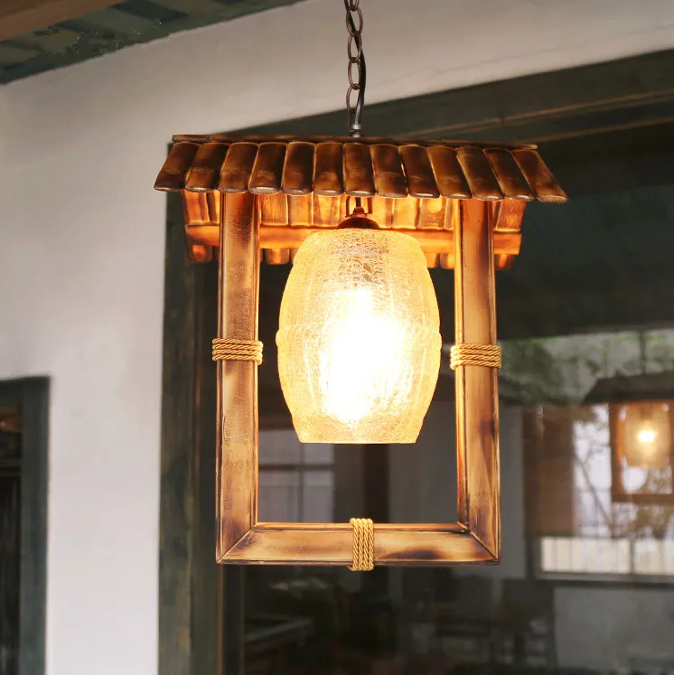 

American rural handmade bamboo chandelier Southeast Asia style archaistic crackle glass E27 LED lamp for studio&pavilion LDK033